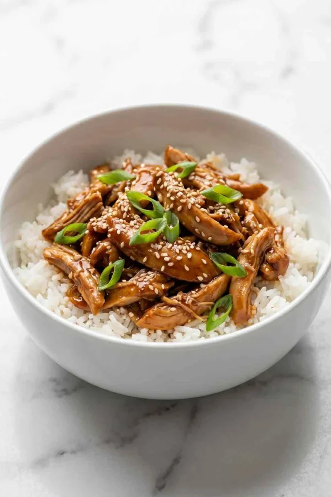 Slow cooker honey garlic chicken shredded in a crock pot with glossy sticky sauce
