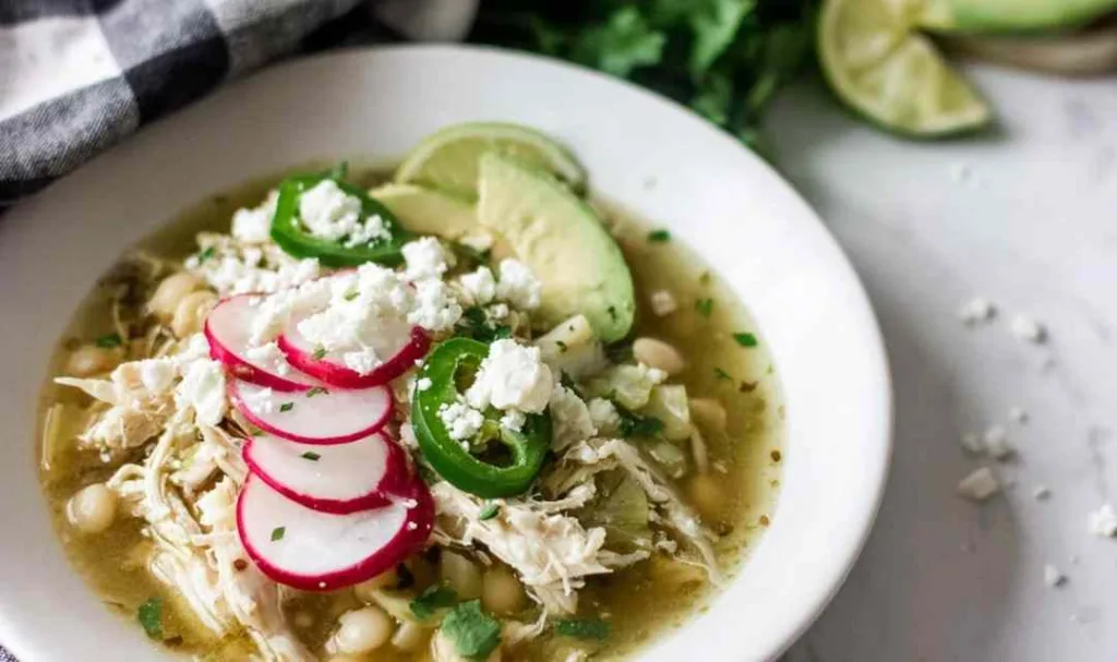 Overhead view of slow cooker pozole verde in a white bowl topped with avocado cilantro and lime