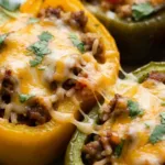 Slow cooker stuffed bell peppers with melted cheese and ground beef filling in a crockpot
