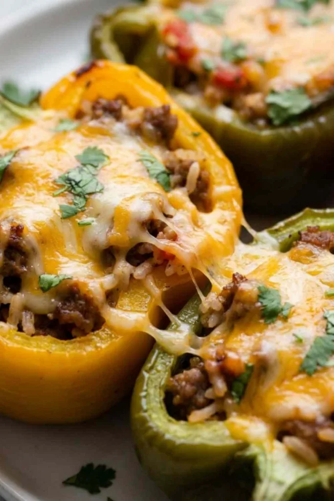 Slow cooker stuffed bell peppers with melted cheese and ground beef filling in a crockpot