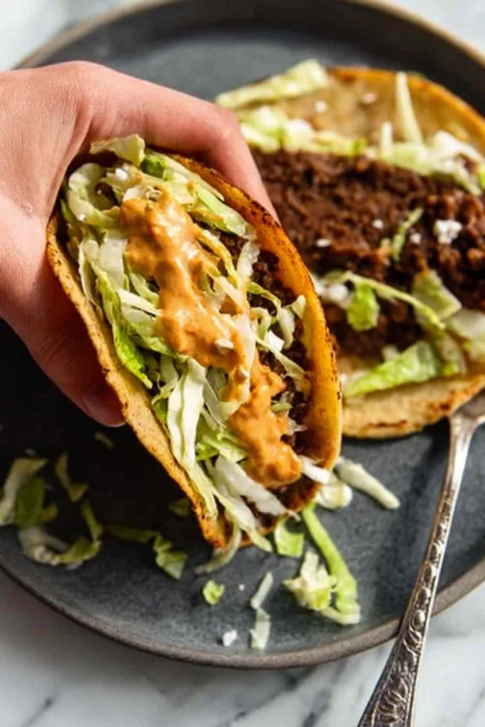 smash burger tacos on a plate topped with melted cheddar shredded lettuce and burger sauce