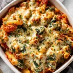 Golden bubbly spinach ricotta pasta bake in a white baking dish fresh out of the oven
