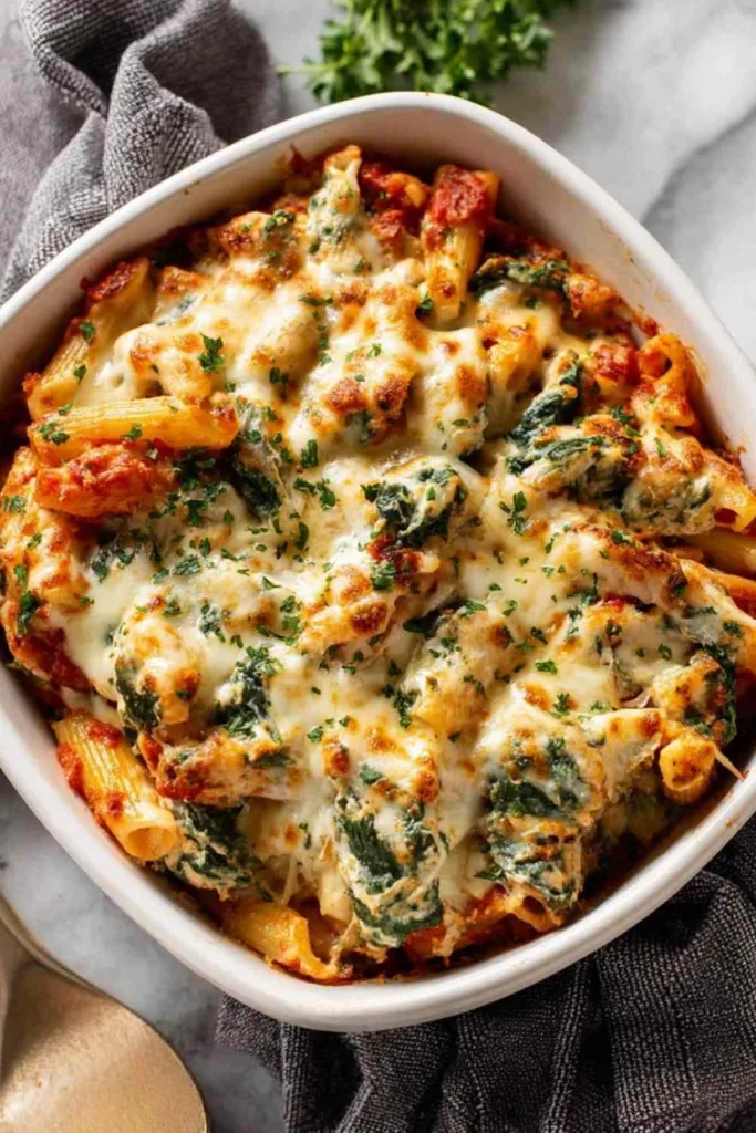Golden bubbly spinach ricotta pasta bake in a white baking dish fresh out of the oven