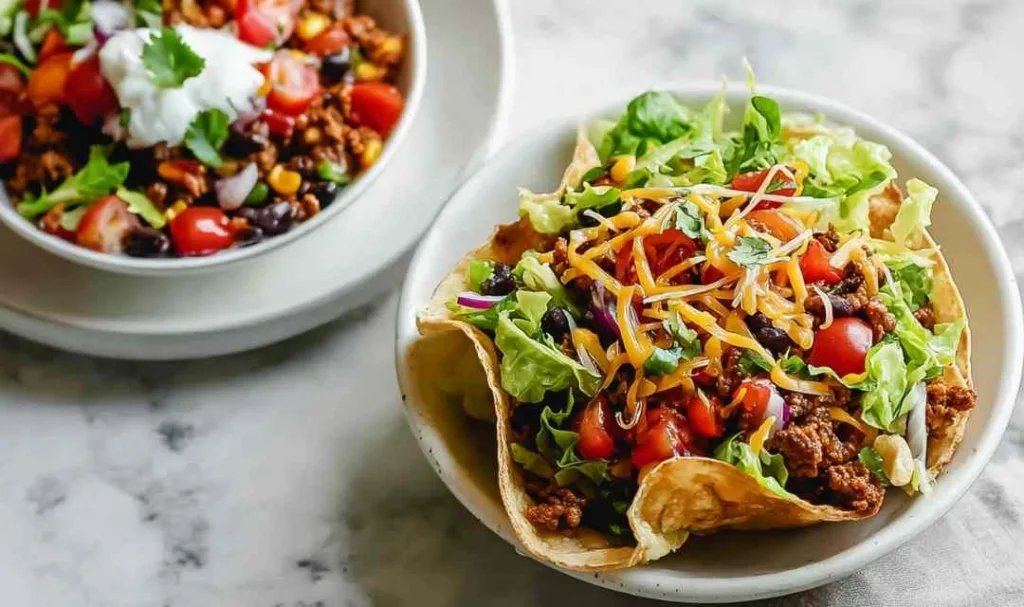 Healthy taco salad with seasoned ground beef, black beans, and fresh toppings served in a crispy homemade tortilla bowl