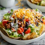 Healthy taco salad with seasoned ground beef, black beans, and fresh toppings served in a crispy homemade tortilla bowl