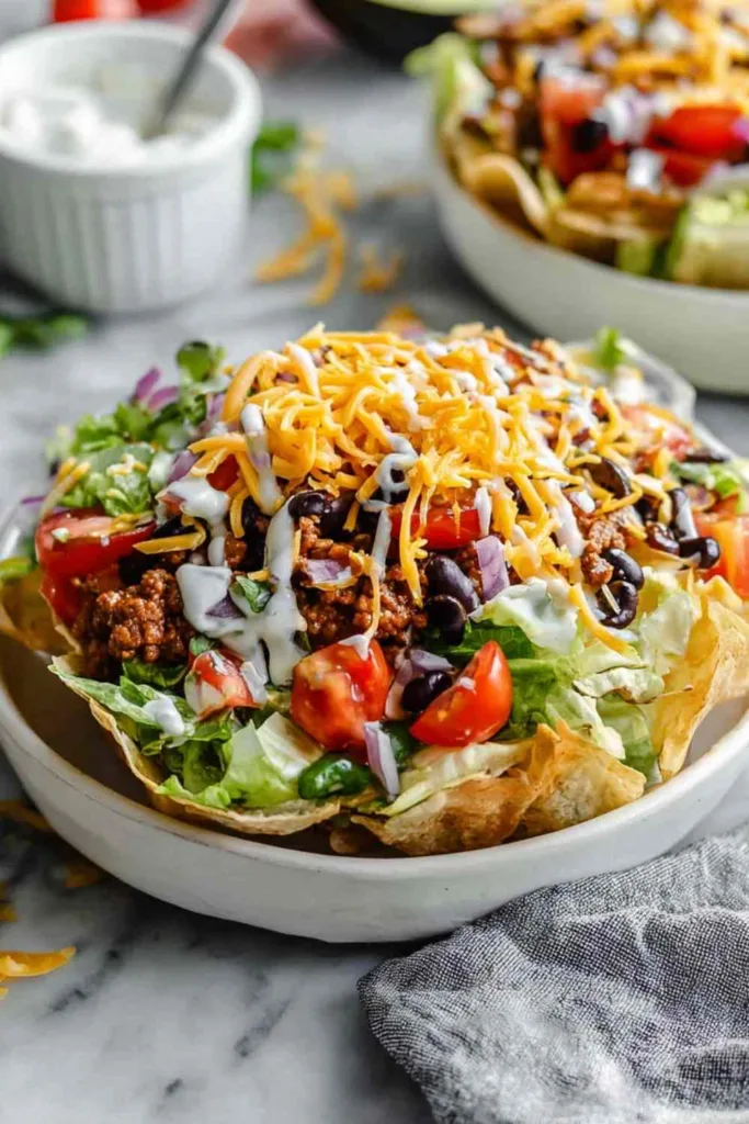 Healthy taco salad with seasoned ground beef, black beans, and fresh toppings served in a crispy homemade tortilla bowl