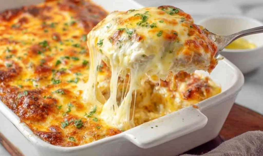 White Chicken Enchilada Casserole bubbling with melted Monterey Jack cheese fresh from the oven in a 9x13 baking dish