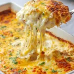 White Chicken Enchilada Casserole bubbling with melted Monterey Jack cheese fresh from the oven in a 9x13 baking dish