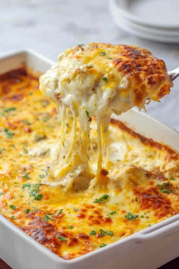 White Chicken Enchilada Casserole bubbling with melted Monterey Jack cheese fresh from the oven in a 9x13 baking dish