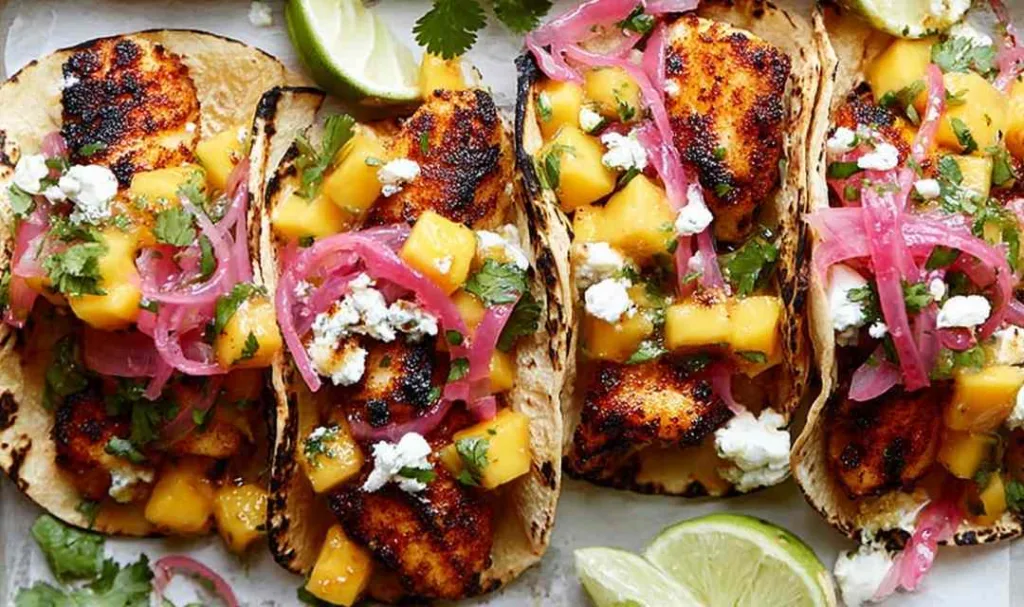 Fish tacos with mango salsa on a white platter with lime wedges and fresh cilantro