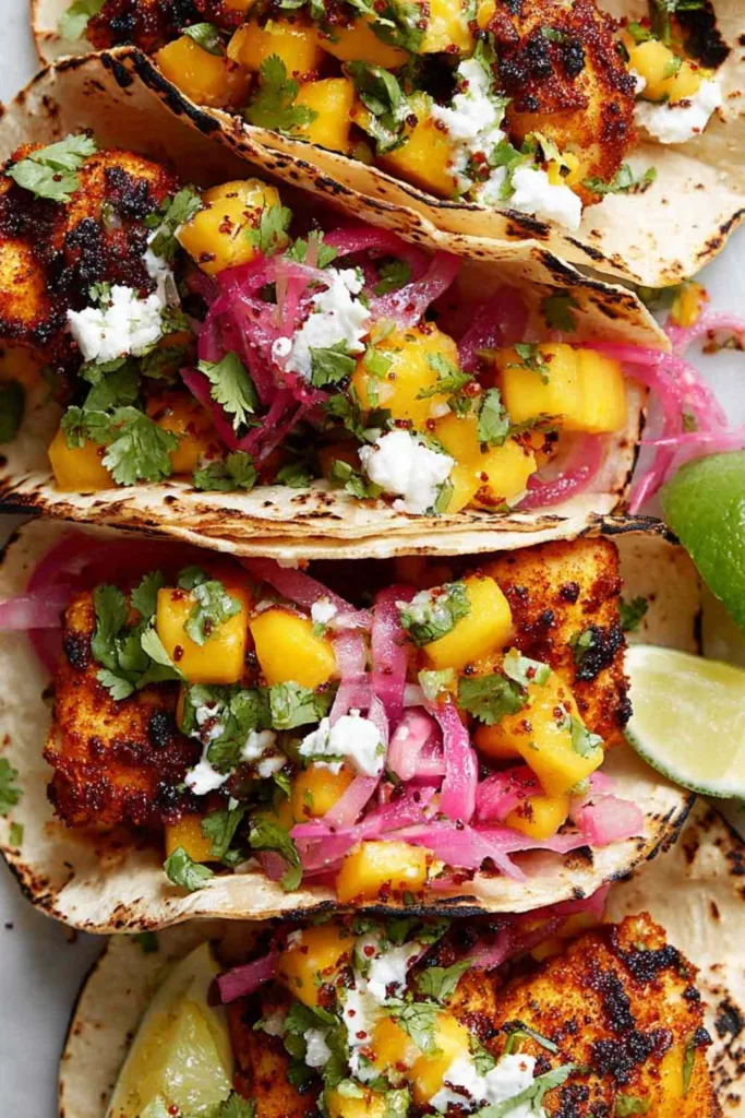 Fish tacos with mango salsa on a white platter with lime wedges and fresh cilantro