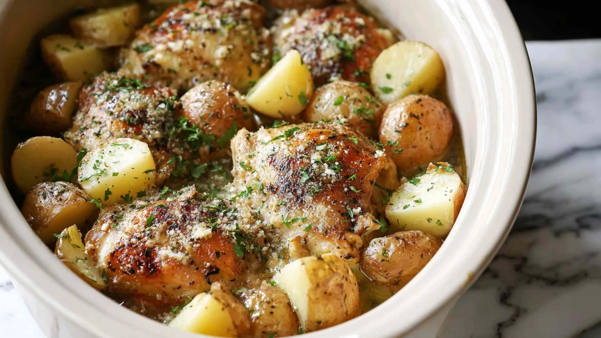 Slow cooker garlic parmesan chicken and potatoes