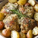 Slow cooker garlic parmesan chicken and potatoes served in a white bowl with fresh parsley garnish