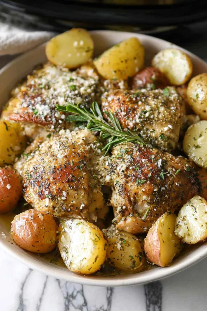 Slow cooker garlic parmesan chicken and potatoes served in a white bowl with fresh parsley garnish
